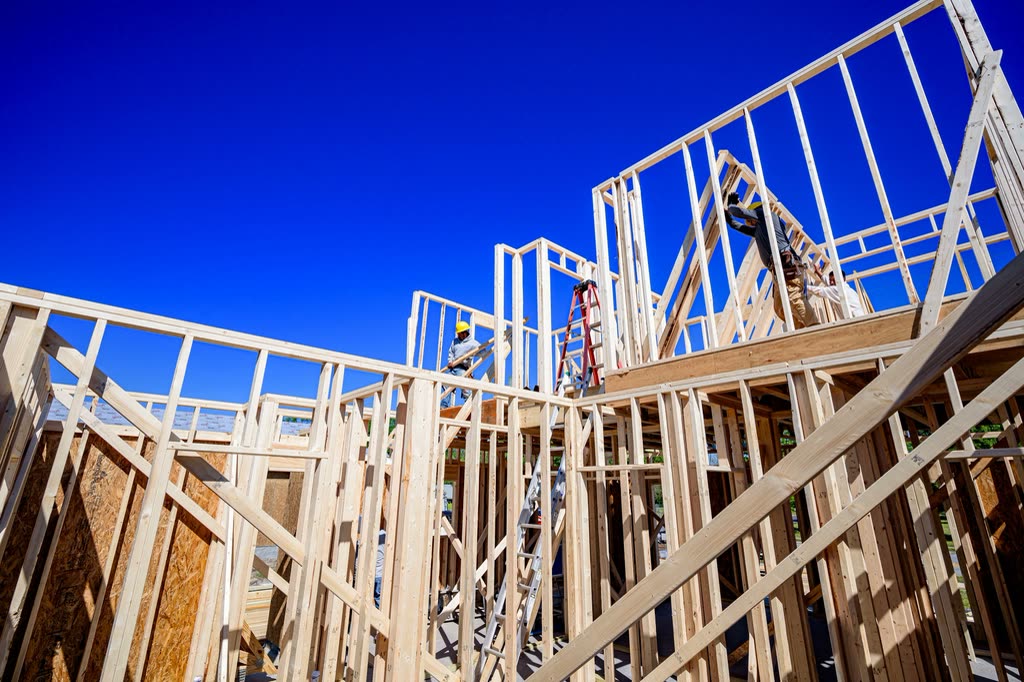 Timber wall framing of a new house rising against a blue sky